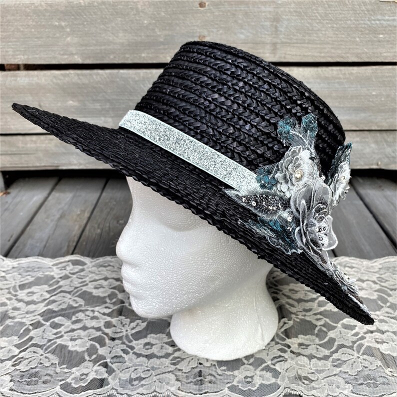 Womens Black Boater Hat Flat Top Womens Sun Hat Chic Sun Hat Etsy