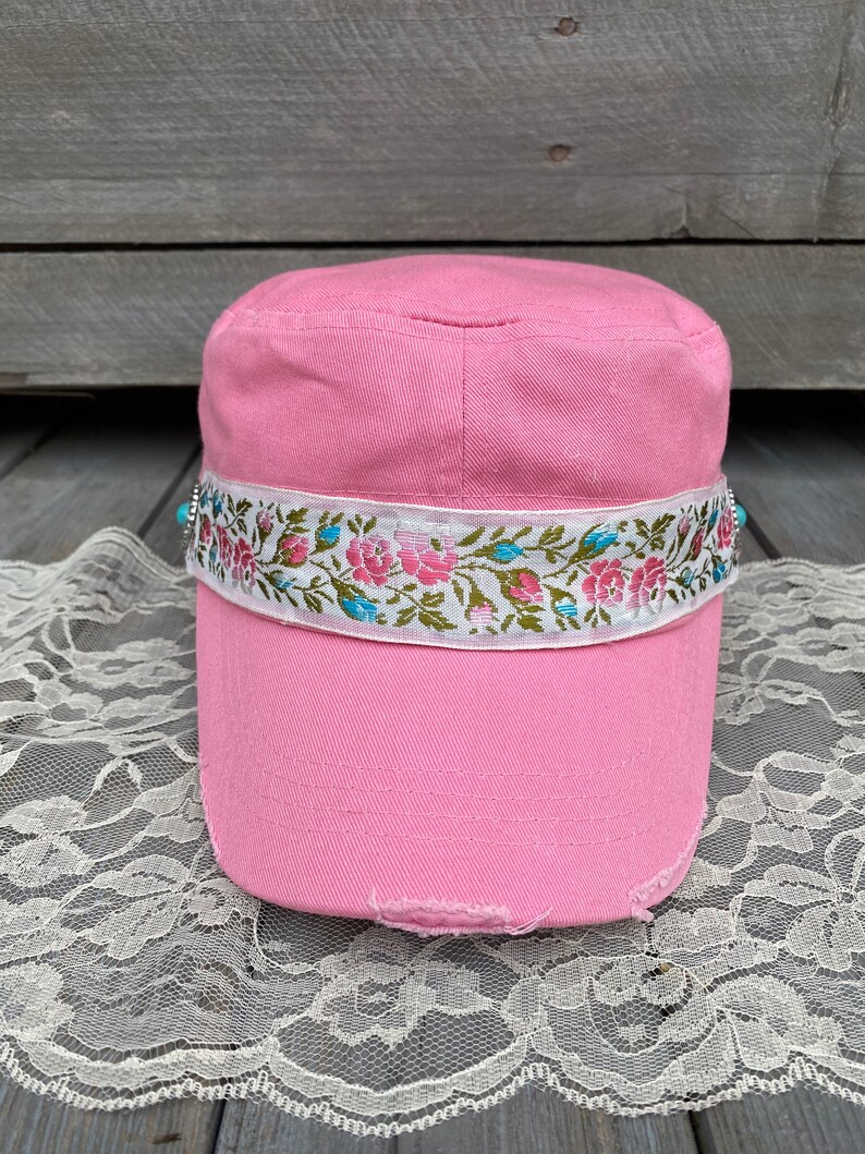 Pink Cadet Hat For Women Distressed Cadet Cap Women/'s Cadet Cap Military Style Hat Turquoise Charm Trim Flower Headband