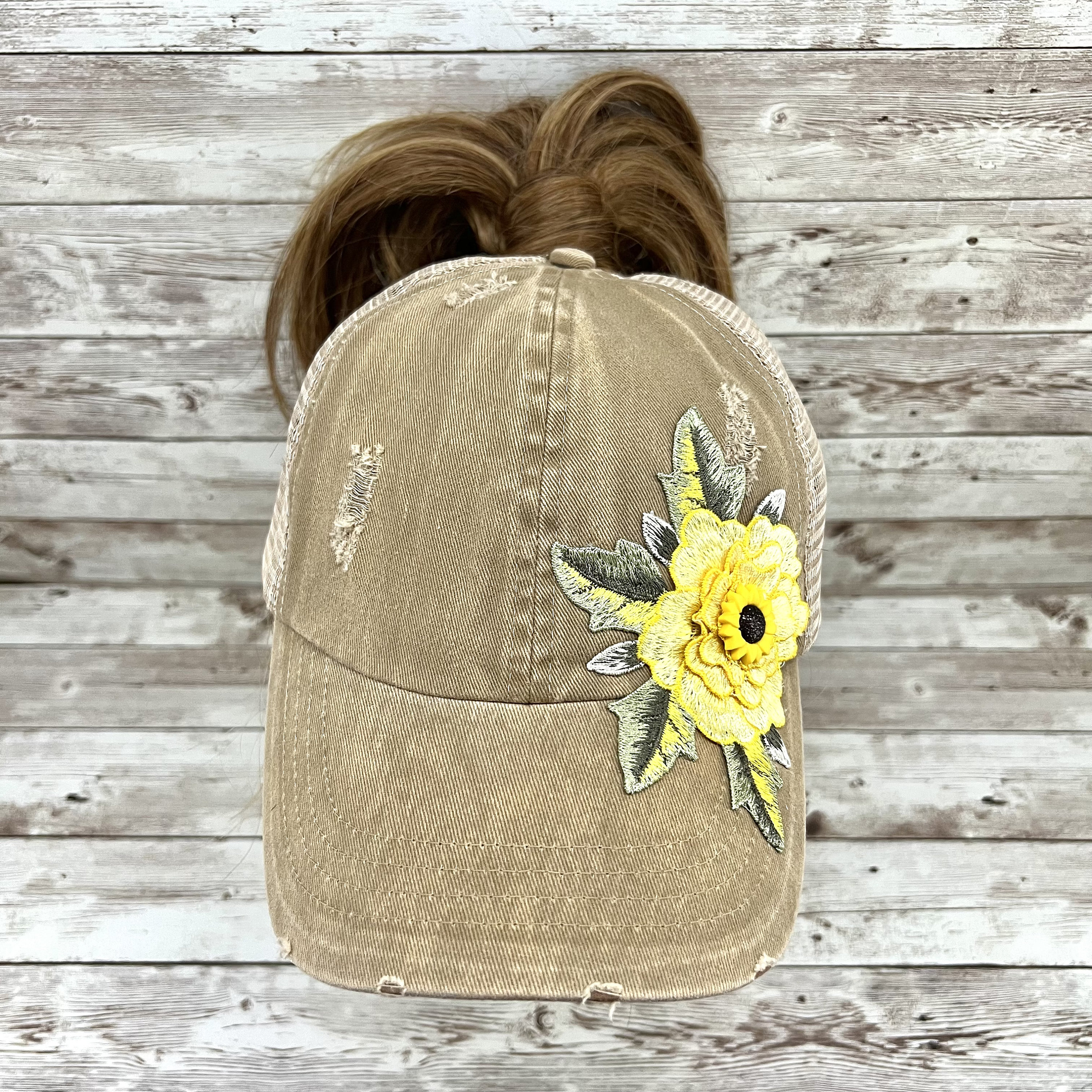 Sunflower Messy Bun Hat: Distressed Ponytail Baseball Cap - Etsy