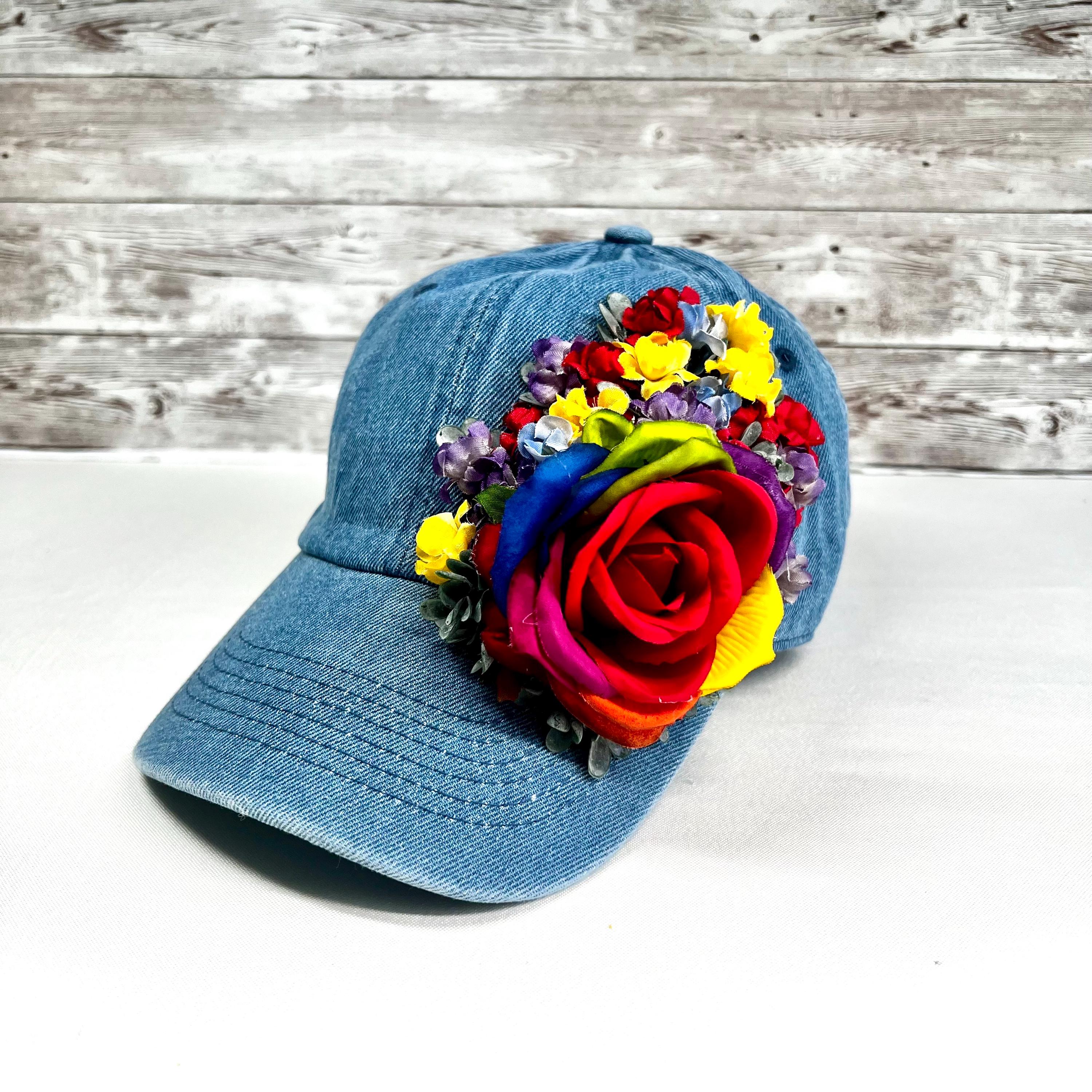 Denim Baseball Cap With Rainbow Rose and Floral Design - Etsy