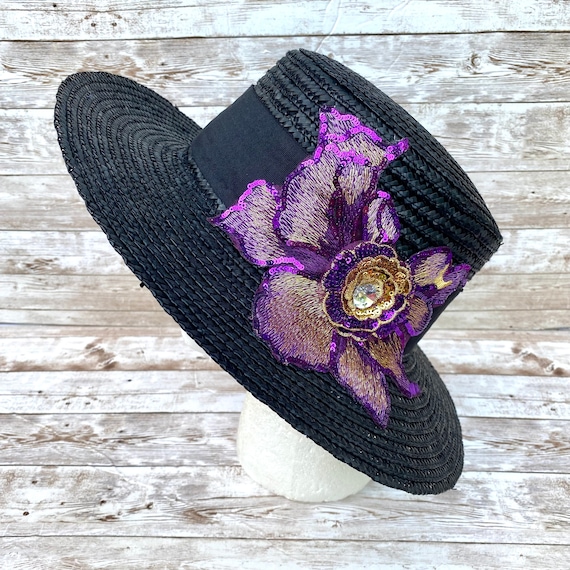 Womens Bling Straw Hat Black Boater Hat 