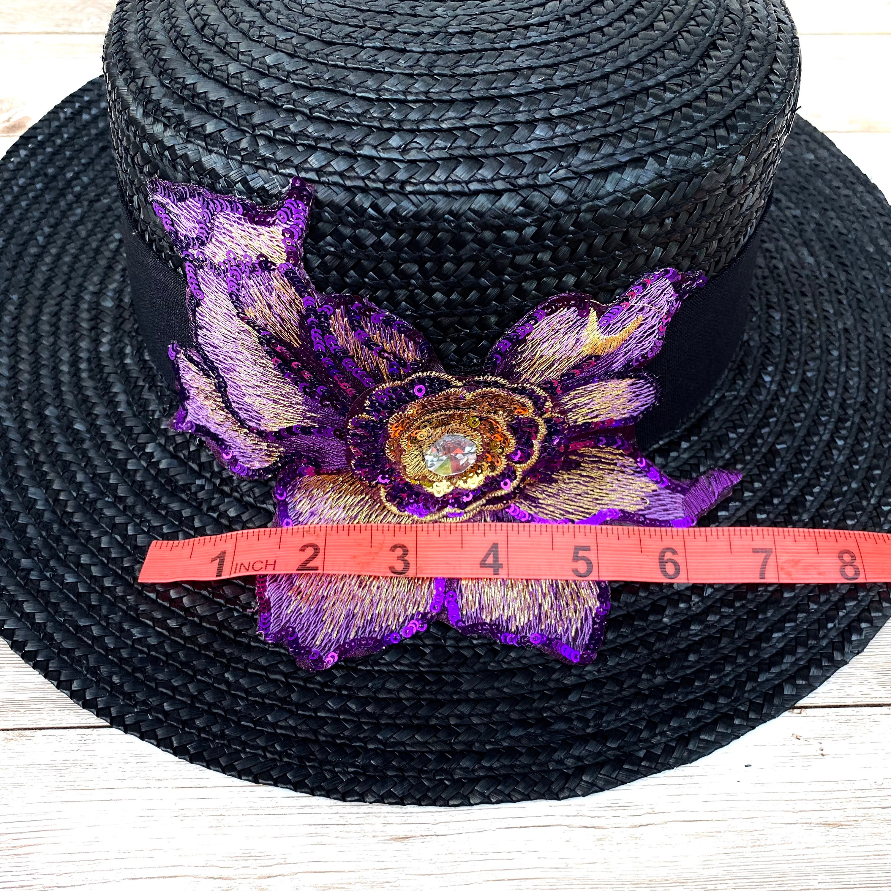 Black Straw Boater Hat: Wide Brim, Purple Sequin Flower - Etsy display picture 2