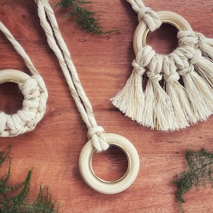 Macrame Christmas Tree Ornament / Knotted Cotton on Wood Ring / Holiday Tree Ornament / Holiday Gift Wrapping Decoration