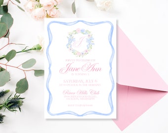 Mädchen Geburtstagseinladung Canva Vorlage, Klassische Geburtstagseinladung, Pink & Blau Aquarell Blumen Geburtstagseinladung, Sofort Download