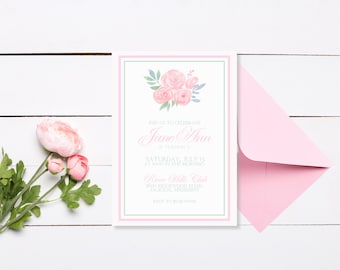 Mädchen Geburtstagseinladung Canva Vorlage, Klassische Geburtstagseinladung, Pink & Blau Aquarell Blumen Geburtstagseinladung, Sofort Download