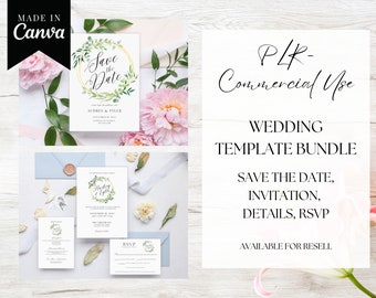 PLR ウェディング テンプレート、商用利用、再販権、編集可能、Canva、結婚式招待状スイート、RSVP、詳細、MRR テンプレート、日付の保存