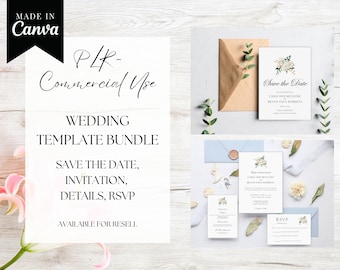 PLR ウェディング テンプレート、商用利用、再販権、編集可能、Canva、結婚式招待状スイート、RSVP、詳細、MRR テンプレート、日付の保存