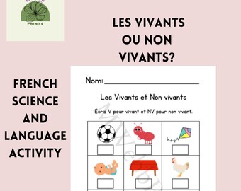 May include: A French language worksheet for kids to learn about living and non-living things. The worksheet has a title "Les Vivants et Non Vivants" and instructions to write "V" for living and "NV" for non-living. The worksheet has pictures of a soccer ball, an ant, a kite, a baby, a table, a chicken, a dog, a cat, a house, a pencil, a goat, and a fork and knife.