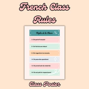 Könnte beinhalten: Ein Klassenposter mit dem Text "French Class Rules". Das Poster zeigt eine Liste von Regeln auf Französisch, jede auf einem pastellfarbenen Hintergrund. Der Titel "Règles de la Classe" steht oben, mit "Class Poster" unten.
