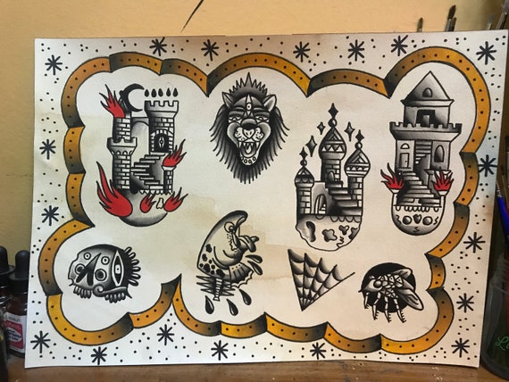 Traditional Tattoo Flash CONUNDRUM Original Watercolor - Etsy UK Traditional Tattoo Flash CONUNDRUM Original Watercolor - Etsy UK