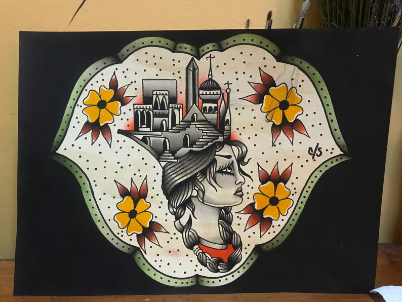 Traditional Tattoo Flash HEAVY is HER HEAD Original Watercolor Painting