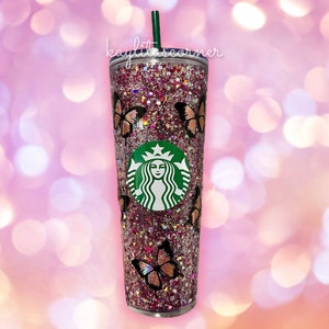 Butterfly Starbucks Tumbler - Snowglobe Tumbler - Holographic Pink