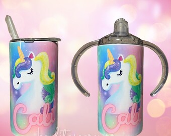Custom Unicorn Sippy Cup - Gobelets pour enfants - 12oz - Double couvercles - Couvercle et paille inclus - Gobelets pour enfants - Cadeau mignon pour tout-petits - Licorne girly