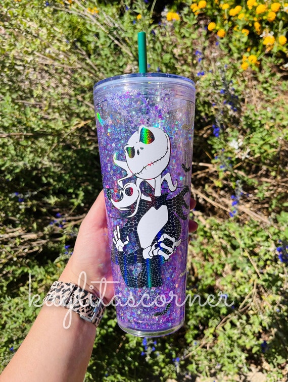 Skeleton Halloween Snowglobe Tumbler Starbucks Cup Glitter 