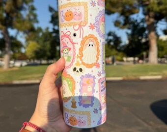 Pastel Bookish Halloween Tumbler – Cute Ghost Cup with Straw | Kawaii Spooky Season Drinkware