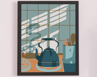 Kettle illustration digital print, kitchen poster, digital download art, kitchen wall art, retro kitchen wall decor, tea kettle drawing