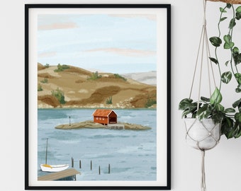 Cottage painting, Nordic wall art, Sweden Poster, Sweden Print, Travel Poster, Nordic Travel Print, Above bed decor, Landscape wall art