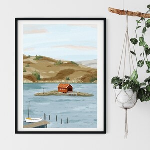 May include: A digital painting of a red cabin on a small island in a lake. The cabin has a white door and windows. A small sailboat is docked on the shore. The background is a blue sky with white clouds and green hills.