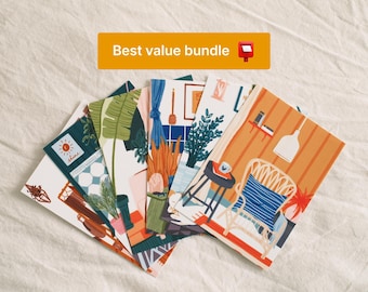 Illustrated Postcard Set, Boho Living Space Art, Snail Mail Cards (A6 Size)