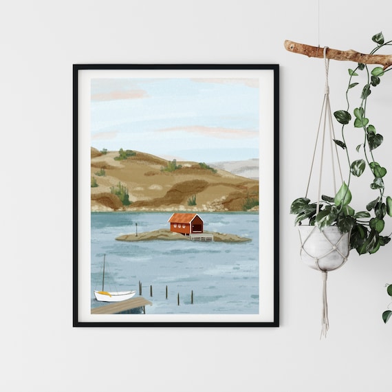 Cottage painting, Nordic wall art, Sweden Poster, Sweden Print, Travel Poster, Nordic Travel Print, Above bed decor, Landscape wall art
