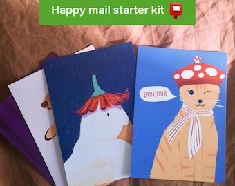 Set von 4 lustigen Tierpostkarten, A6 Happy Mail Set, Illustrierte Postcrossing Karten