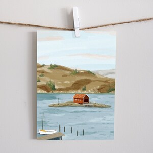 May include: A digital painting of a red cabin on a small island in a blue lake. The cabin has a white door and a white roof. There are green trees on the hills in the background. A small white sailboat is docked on the shore.