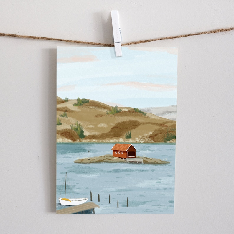 May include: A digital painting of a red cabin on a small island in a blue lake. The cabin has a white door and a white roof. There are green trees on the hills in the background. A small white sailboat is docked on the shore.