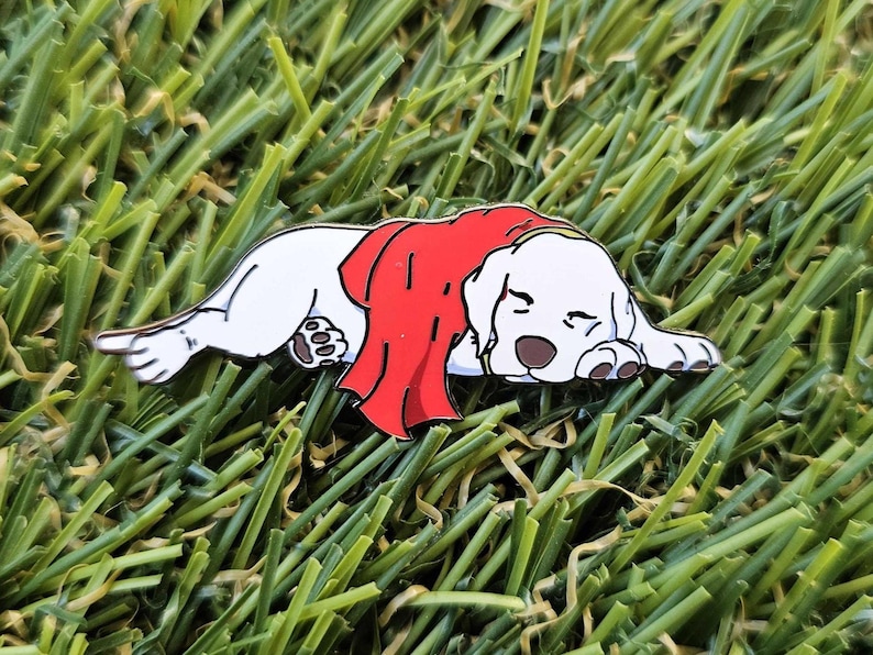 May include: A white dog enamel pin, lying down and wearing a red cape. The dog has brown ears and paws, and is resting on a bed of green grass. The pin is a cute and whimsical accessory.