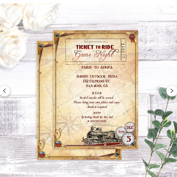 Editable Ticket to Ride Game Night Printable Invitation_ Invitation template_Old Steam Train ticket_Steampunk Vintage party invite