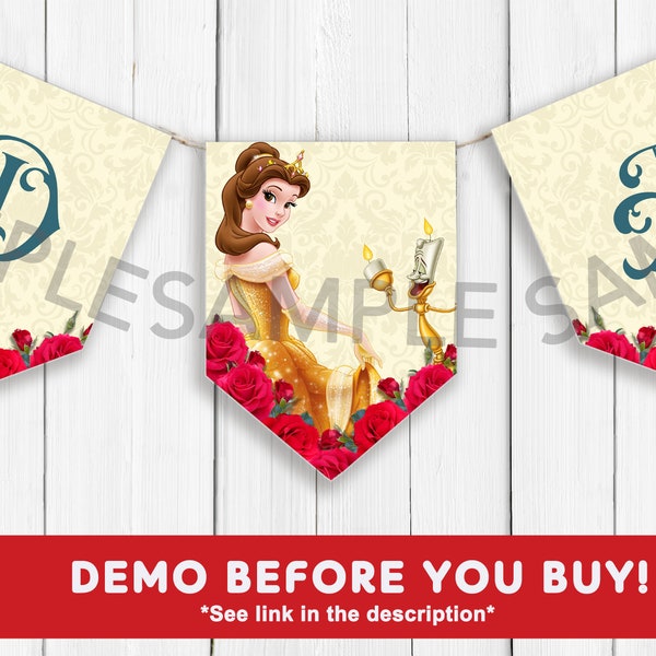 Beauty & The Beast Red Rose Birthday Banner_Printable Bunting Garland Instant Download_Party Decoration_Princess Belle the Enchanted Rose