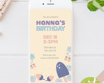 Editable Popsicle Birthday Party Invitation_E-invite_Mobile Invite_template_ Popsicle, Strawberries and Cherries in lilac, and pinks Invite