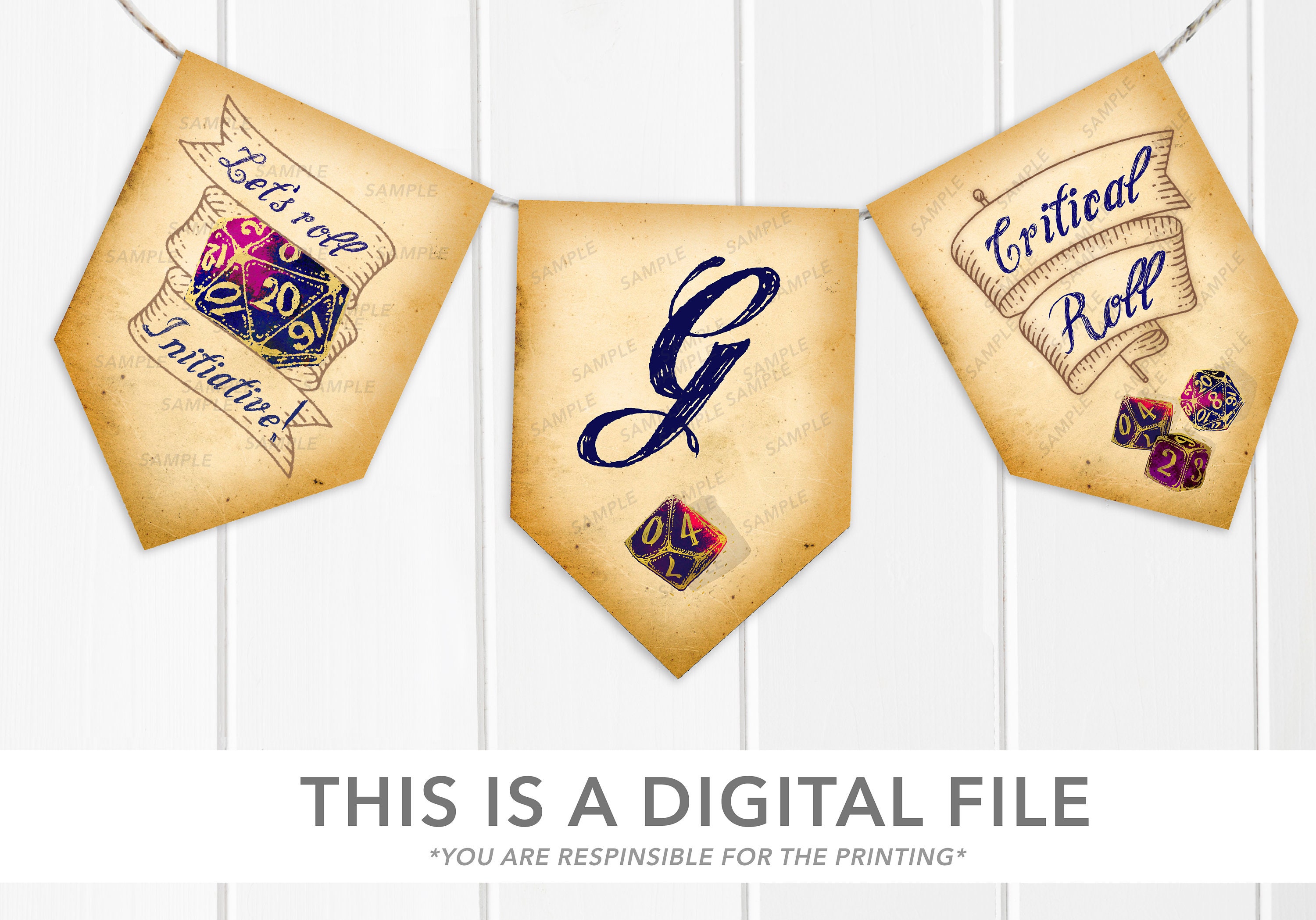 RPG D20 Dice Game Night DD BannerPrintable Bunting Garland Instant DownloadParty DecorationGame on Medievaldungeons and