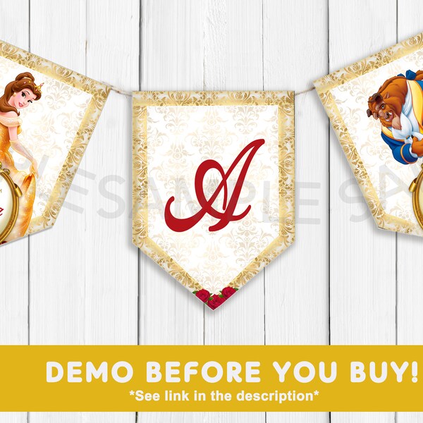 Beauty & the Beast Birthday Banner_Customizable Bunting_Party Decoration_Gold Princess Belle Garland Digital Download