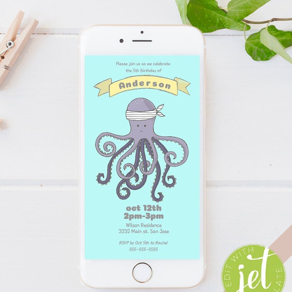 Editable Under the Sea Birthday Invitation_E-invite_Mobile Invite_template_Octopus theme Phone Birthday Invite_Under the sea birthday party