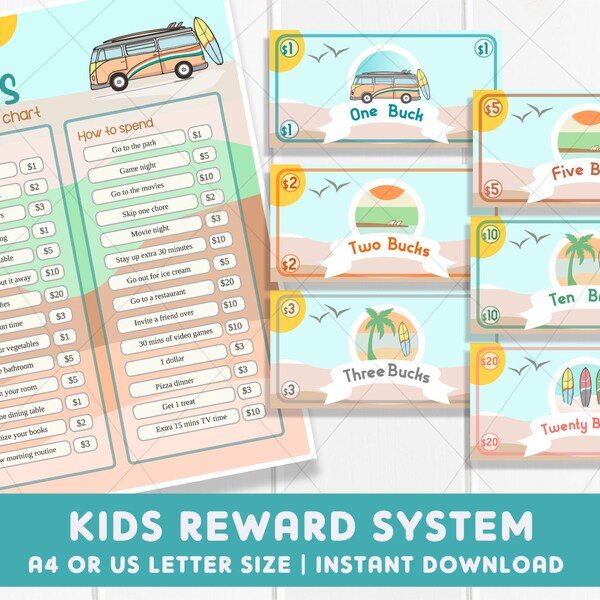 Surfer_Kids Reward Bucks System, Editable Printable Play Money, Mom Bucks, Good Behavior Incentive, Fake money, 70s Sunset beach Surf board