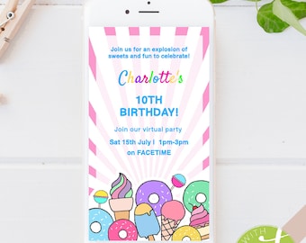 EDITABLE Candy Birthday Electronic Invitation_Evite_Mobile Digital Invite_Candyland Pink Burst Party_Ice Cream_lollipop_Cake_Donuts invite