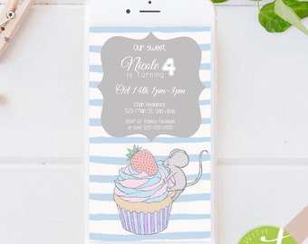 Editable Cupcake Birthday Invitation_E-invite_Mobile Invite_template_Animals Mouse Cupcake Chef theme Phone Birthday Girl Invite