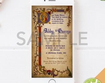 Editable Medieval Illumintated Manuscript Wedding Evite_Mobile Invitation template_royal invite_Golden Middle Ages theme Party phone invite