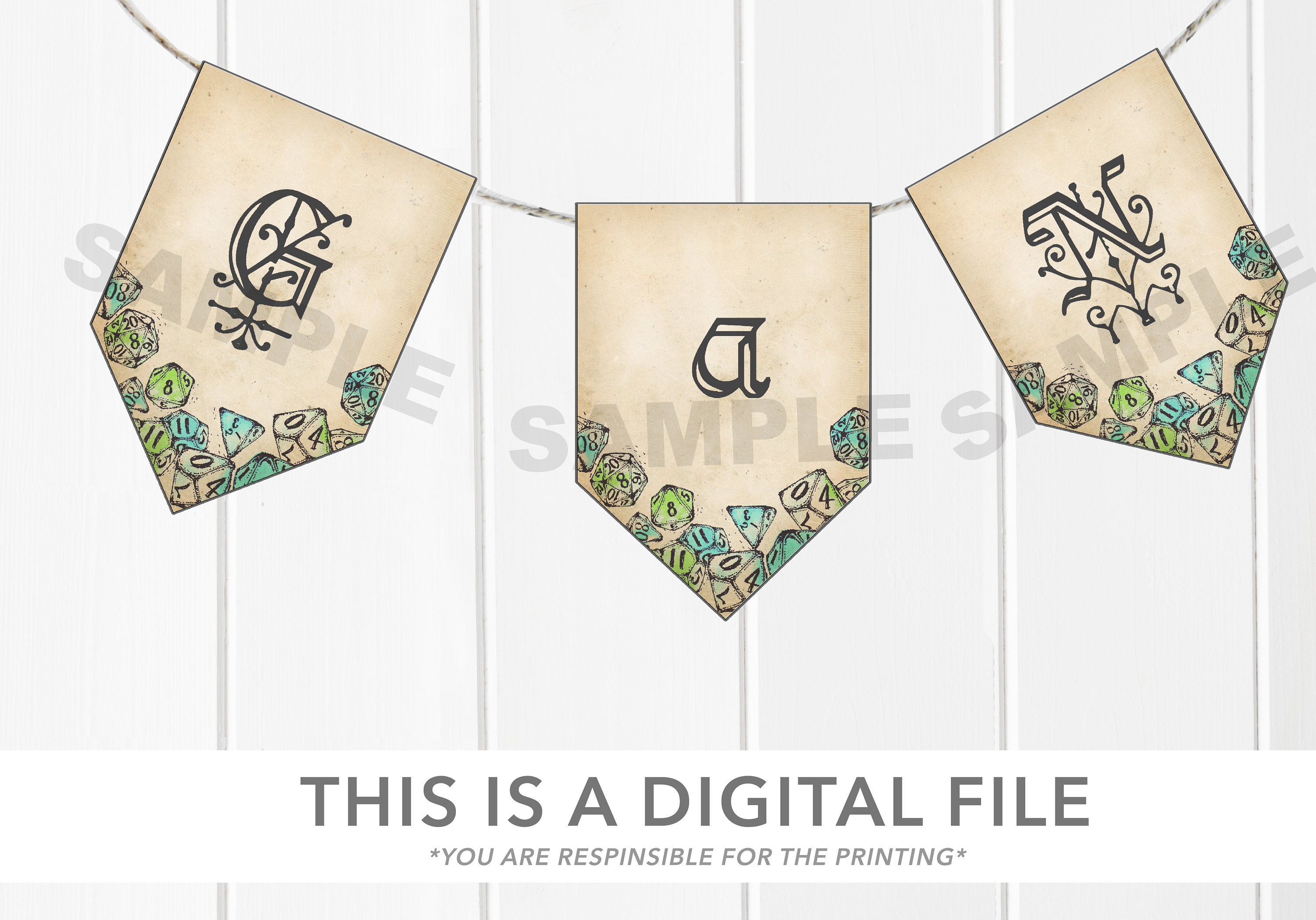 D20 dice DnD RPG Game Night BannerPrintable Bunting Garland Instant DownloadParty DecorationMedieval birthday Dungeons and