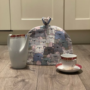TEA COSY  Teapot Cover for a Cottage Retro Kitchen Grey Blue Cat Kitten
