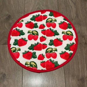 AGA Hob Lid Mat Pad Round Hob Cover With Straps Eco friendly Cotton Washable Reusable Strawberry Raspberry