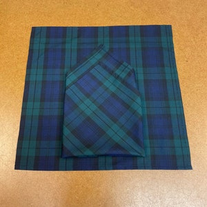 May include: Two blue and green plaid handkerchiefs, one folded on top of the other.