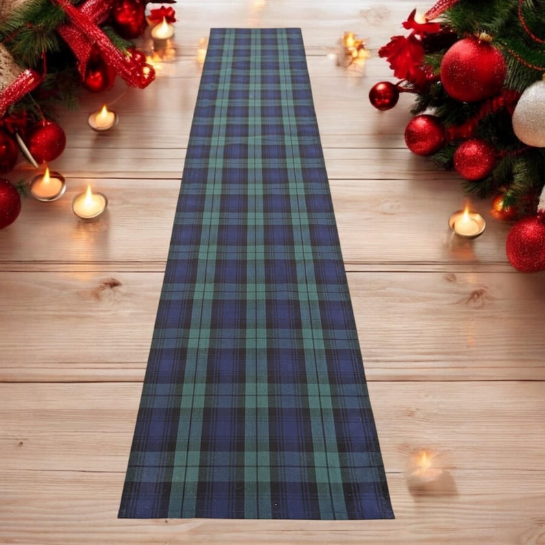 From 70 to 500 cm Long Cotton BLACK WATCH 100 % Cotton Tartan Runner Placemats Table Napkins Navy Black Green Burns Night Plaid image 1