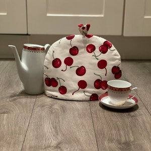 TEA COSY  Teapot Cover for a Cottage Retro Kitchen Ivory Red Cherry