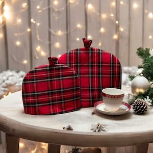 TEA COSY  Teapot Cover for a Cottage Retro Kitchen Red Royal Stewart Tartan Burns Night Plaid