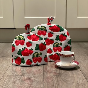 TEA COSY  Teapot Cover for a Cottage Retro Kitchen White Red Strawberry Raspberry