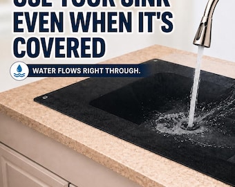 Decorative adjustable mesh kitchen sink cover that hides sink clutter, refreshes older sinks, and keeps your counters guest-ready.