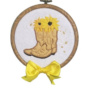 Embroidered boots and sunflower wall art gift. Country farm house sunflowers gift