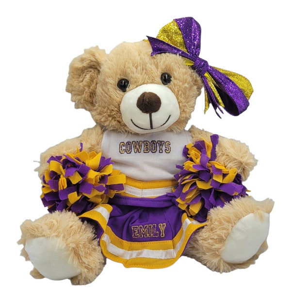 Personalized stuffed animal embroidered cheerleader school spirit teddy bear cheer uniform pom poms gift! High school college cheerleading
