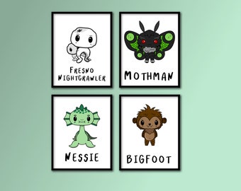 Little Believers Wall Art 4 pack - Bigfoot, Mothman, Nessie, Fresno Nightcrawler - cryptid decor kids room